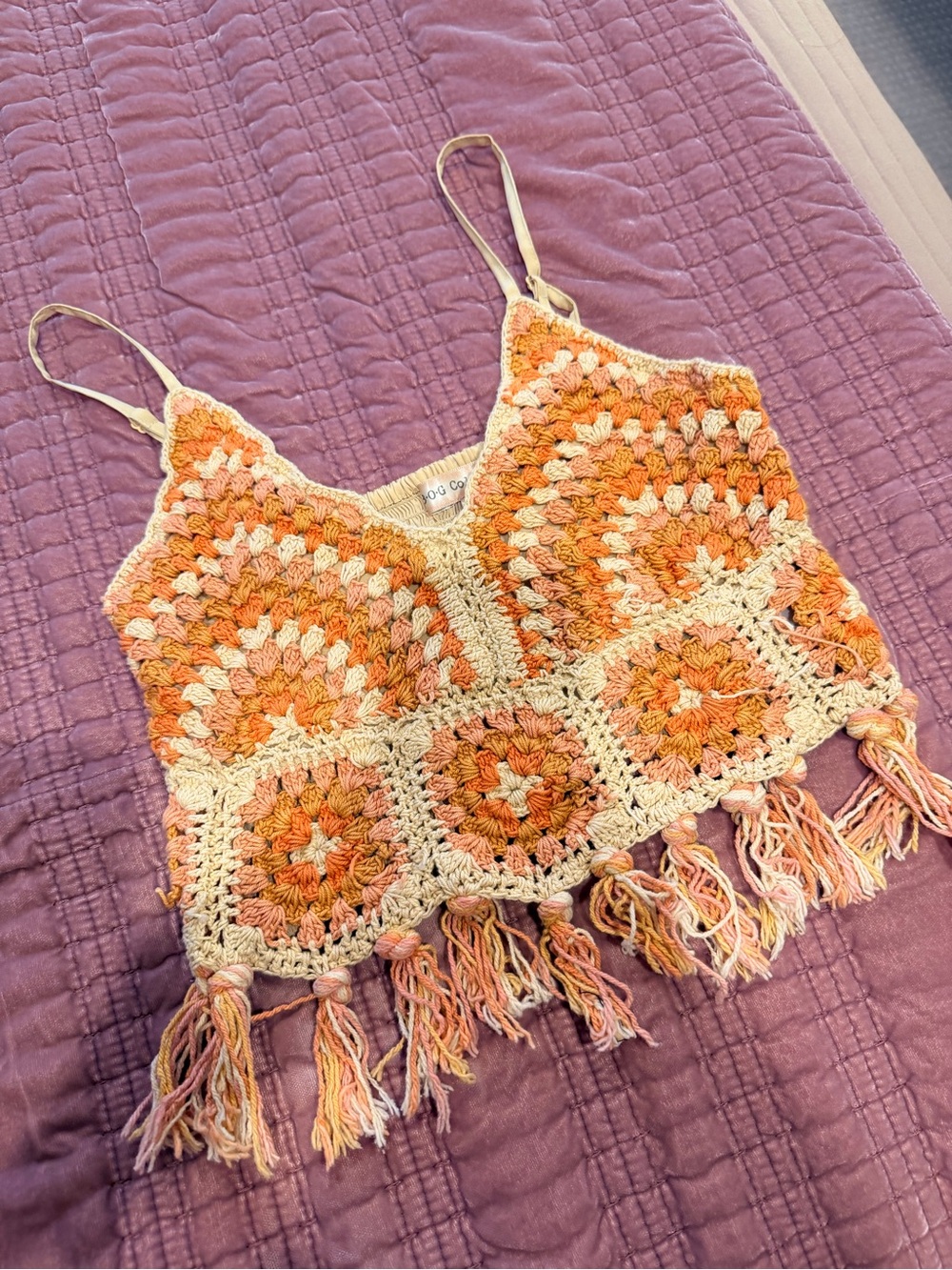 Boho Crochet Fringe Crop Top in Peach & Cream